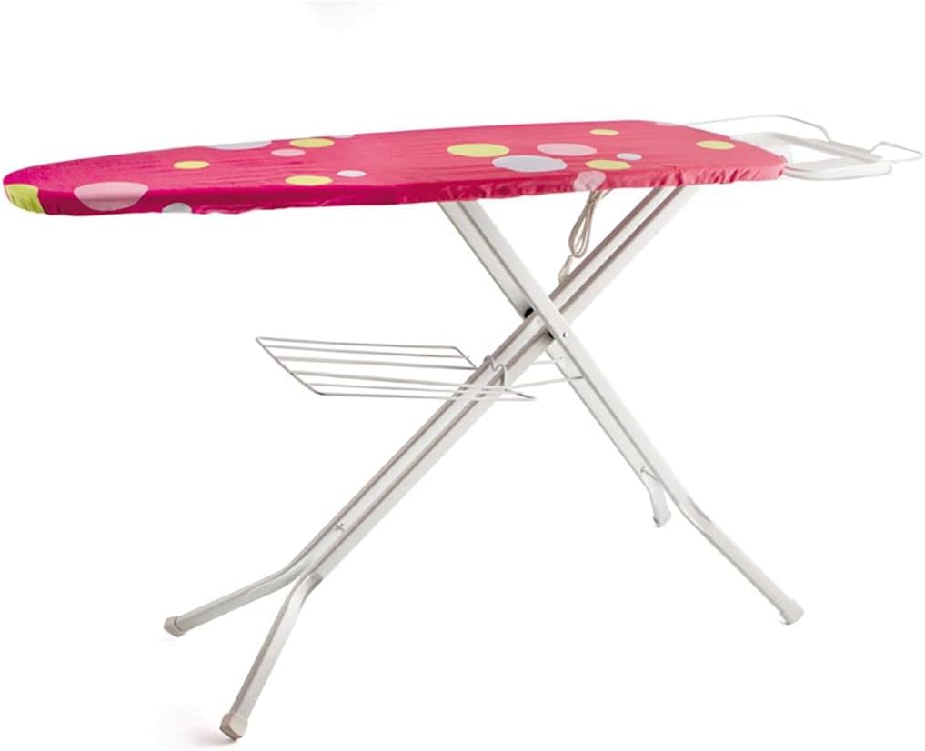 Cette table de repassage se presente en coloris blanc et rose