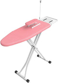 Cette table de repassage se presente en coloris rouge et gris