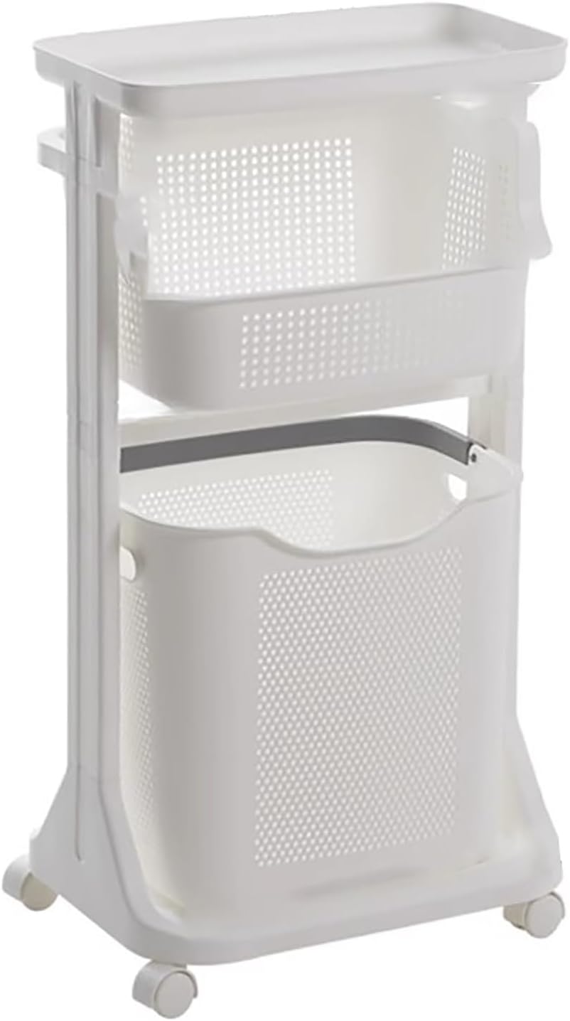 Le panier a linge combine des elements en plastique avec des roulettes